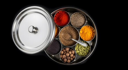 Indian stainless steel spice box filled with assorted culinary ingredients spices masala cooking turmeric cumin cardamom