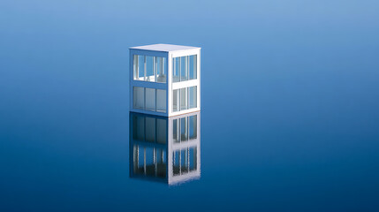 Modern glass and steel building structure floating above reflective water surface