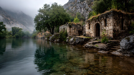 Fototapeta premium Ancient stone building by tranquil lake