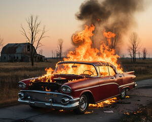 Vintage car on fire!