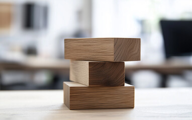 Stack of Three Wooden Blocks on a Desk in a Modern Office Setting