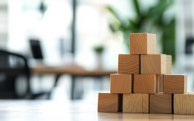 Stack of Wooden Blocks Forming a Pyramid Shape on a Table