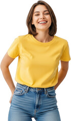 Obraz premium Smiling young woman with short brown hair wearing a yellow t shirt and blue jeans