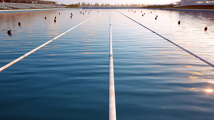 An empty outdoor swimming pool with lane dividers and calm water reflecting the sky