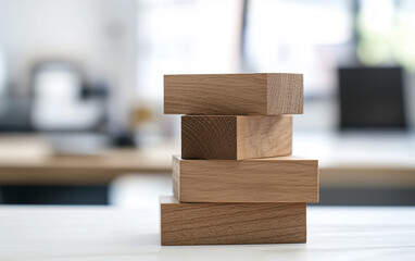 Stack of Four Wooden Blocks on a White Table in a Bright Office
