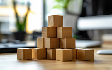 Wooden Blocks Stacked on Desk, Business Concept, Building Blocks, Office Setting