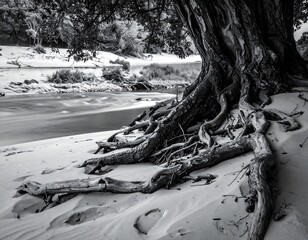 Ancient riverbank roots and flowing water