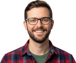 A smiling man wearing glasses and a plaid shirt on a transparent background