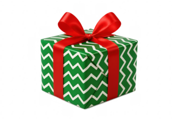 Green gift box wrapped with red ribbon and bow on transparent background