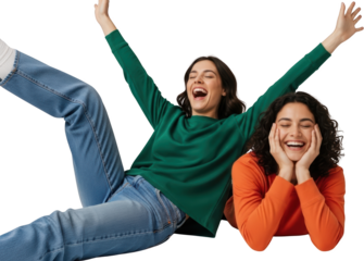 Two young women express joy and excitement with laughter and raised arms