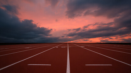 Empty running track at sunset with vibrant orange and pink sky