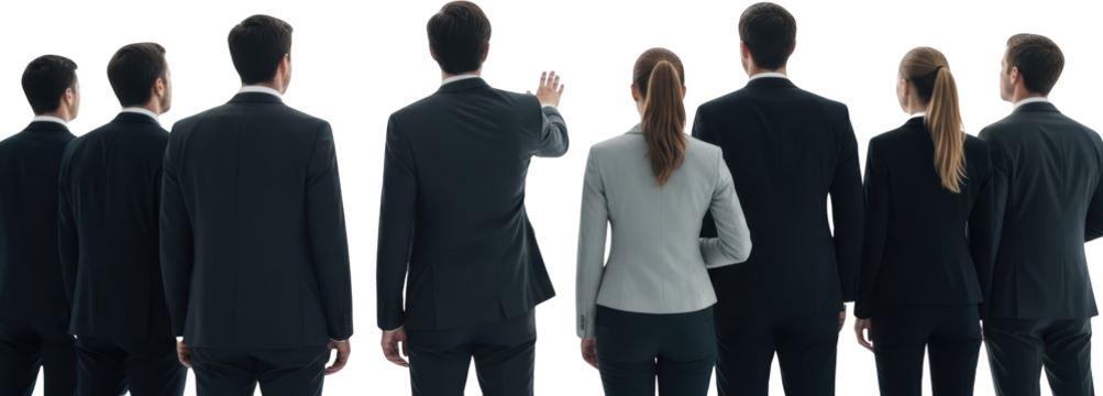 Diverse business team standing together one person gesturing teamwork people