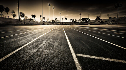 Empty running track at dusk with palm trees and stadium lights in the background