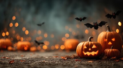 Halloween background with pumpkins and bats, spooky atmosphere