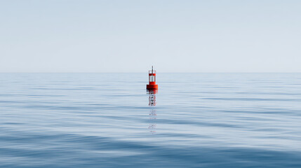 A red buoy floating on calm ocean waters under a clear sky