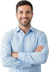 A smiling man in a light blue dress shirt with arms crossed Business Professional