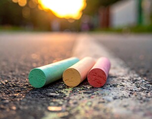 Colorful chalk pieces on asphalt