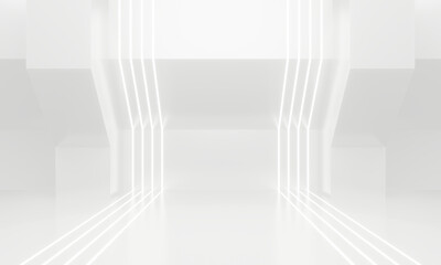 3D white geometric background with neon lights. White backdrop