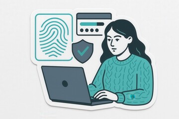 Engaging woman performing online cybersecurity measures while working on digital device showcased against minimalist backdrop emphasizing data protection concepts and technological security