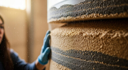 Worker inspects grain silo contents with focus on gloved hand resting against filled harvest container in sunlit industrial facility
