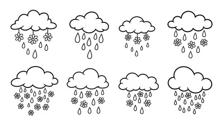 Fototapeta premium Collection of eight cloud illustrations with rain and flower details in a row on a white page