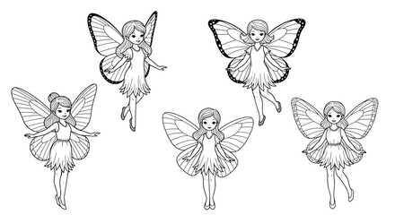 Five outlined fairy characters with butterfly wings floating against a plain white setting