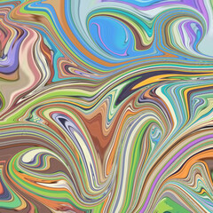 Colorful abstract fluid art with swirls of green, orange, purple, and blue, creating a psychedelic and artistic flowing texture background.