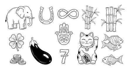 Fototapeta premium Assorted luck symbols featuring elephant, horseshoe, cat, fish, and other good fortune items
