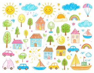 Colorful child's drawing of a town