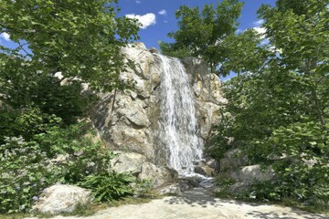 A cascading waterfall flows down a rocky cliff face, surrounded by lush greenery