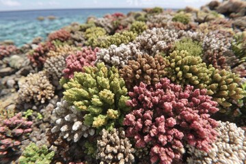 Close-up of vibrant coral cluster on rocks near the ocean