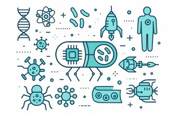 Innovative representations of scientific evolution showcasing DNA structures micro-organisms and advanced technology illustrating the intersection of biology and futuristic exploration