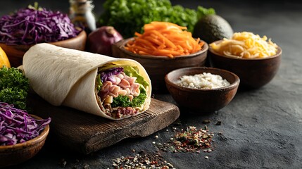 Delicious wrap sandwich recipe with fresh vegetables and meat for healthy eating and lunch ideas