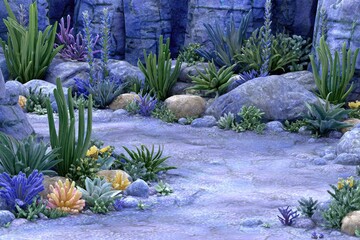 Desert garden path with vibrant plants and stones
