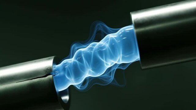 Blue gas flowing from pipe and expanding in volume, illustrating gas distribution and potential leak danger, abstract footage.