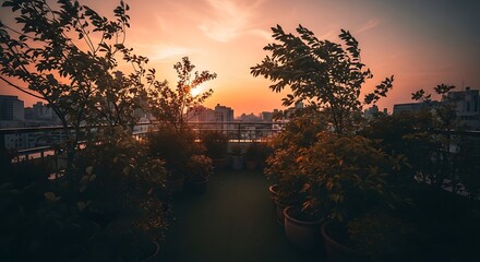 Scenic sunset view from rooftop garden with plants and city skyline