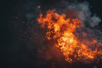 Fierce Fire Blaze With Sparks In Night