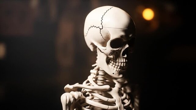 A white human skeleton with visible ribs and a skull with dark eye sockets