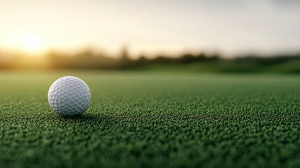 Obraz premium A close up of a golf ball resting on a lush green fairway at sunrise, highlighting texture and sharp focus with soft background bokeh.
