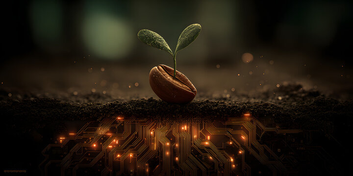 Digital Seed of Growth: A digitally enhanced macro view reveals a coffee seed, elegantly sprouting delicate green leaves amidst rich dark soil, the roots entwined with glowing circuits.