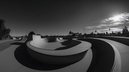 Black and white panoramic view of an empty skatepark with curved ramps and bowls under a dramatic sky