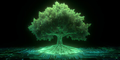 Digital Tree: A vibrant digital tree with roots intertwined on a circuit board. Symbolizing the fusion of nature and technology.