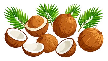 Colorful coconuts and palm leaves