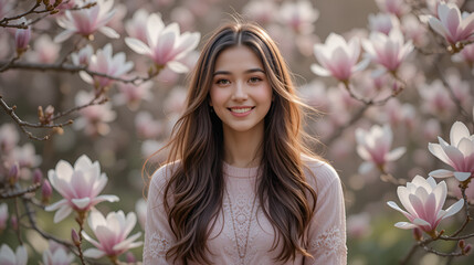 Spring portrait of happy woman standing on background Magnolia blossoming flowers. Spring season