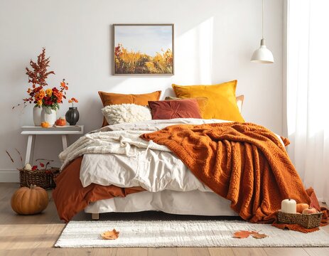 Cozy autumnal bedroom interior with warm color scheme and rustic decorations