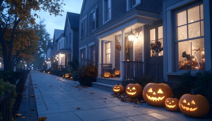 Glowing Jack-o'-Lanterns on Doorsteps