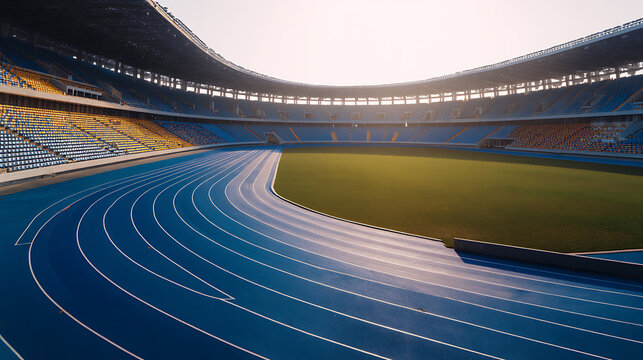 Empty outdoor athletic stadium with blue running track and green field