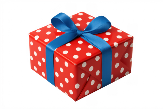 Red gift box with blue ribbon and white polka dots on transparent background