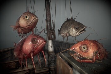 Strange fish creatures on a weathered ship