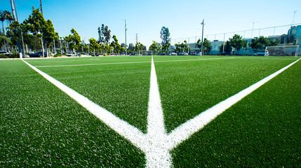 Artificial turf soccer field with white boundary lines under clear blue sky
